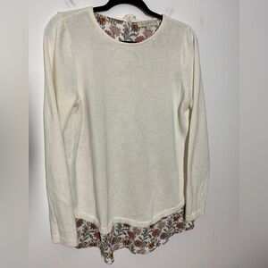 LOFT Size Medium Cream Floral Paisley Mixed Media Tie Back Sweater Faux Layered